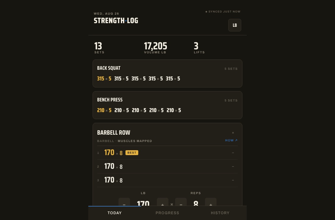 Screenshot of the Strength Log barbell logbook app